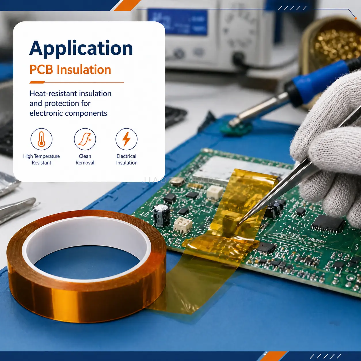 Polyimide tape 0.05mm x 10mm for PCB insulation, solder masking, and electronic protection.